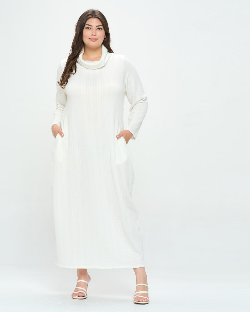 Front of a model wearing a size 4X Lana Cowl Turtle Neck Pocket Sweater Dress in Ivory by L I V D. | dia_product_style_image_id:244374